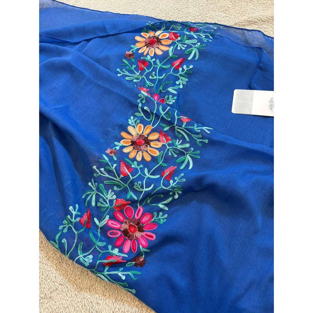 Bon Voyage Embroidered Floral Scarf Blue Weightless 35X70‎ Spring Travel NWT
